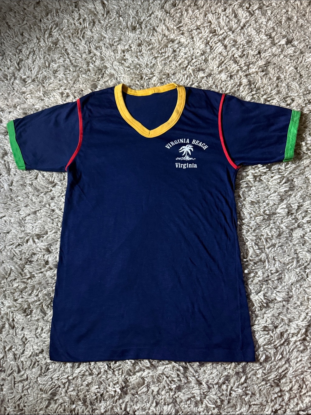 Vintage 70s Colorblock Ringer Tee Virginia Beach Palm Tree Novelty Shirt
